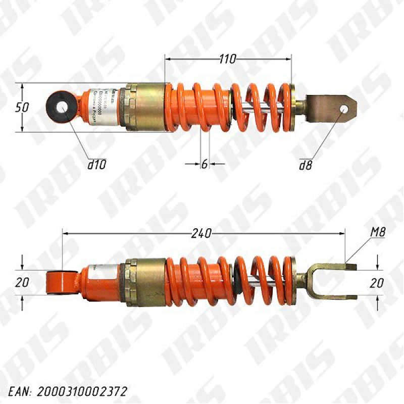 Амортизатор задний (L-240mm,D-10mm,M8) БТ (RUS)  JOG50 - alexmotorsspb.ru